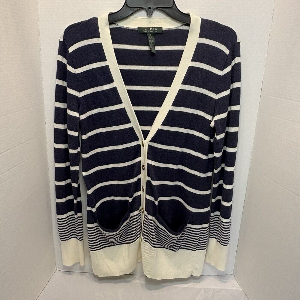 Lauren Ralph Lauren V Neck Navy & White Striped Cardigan Size Small